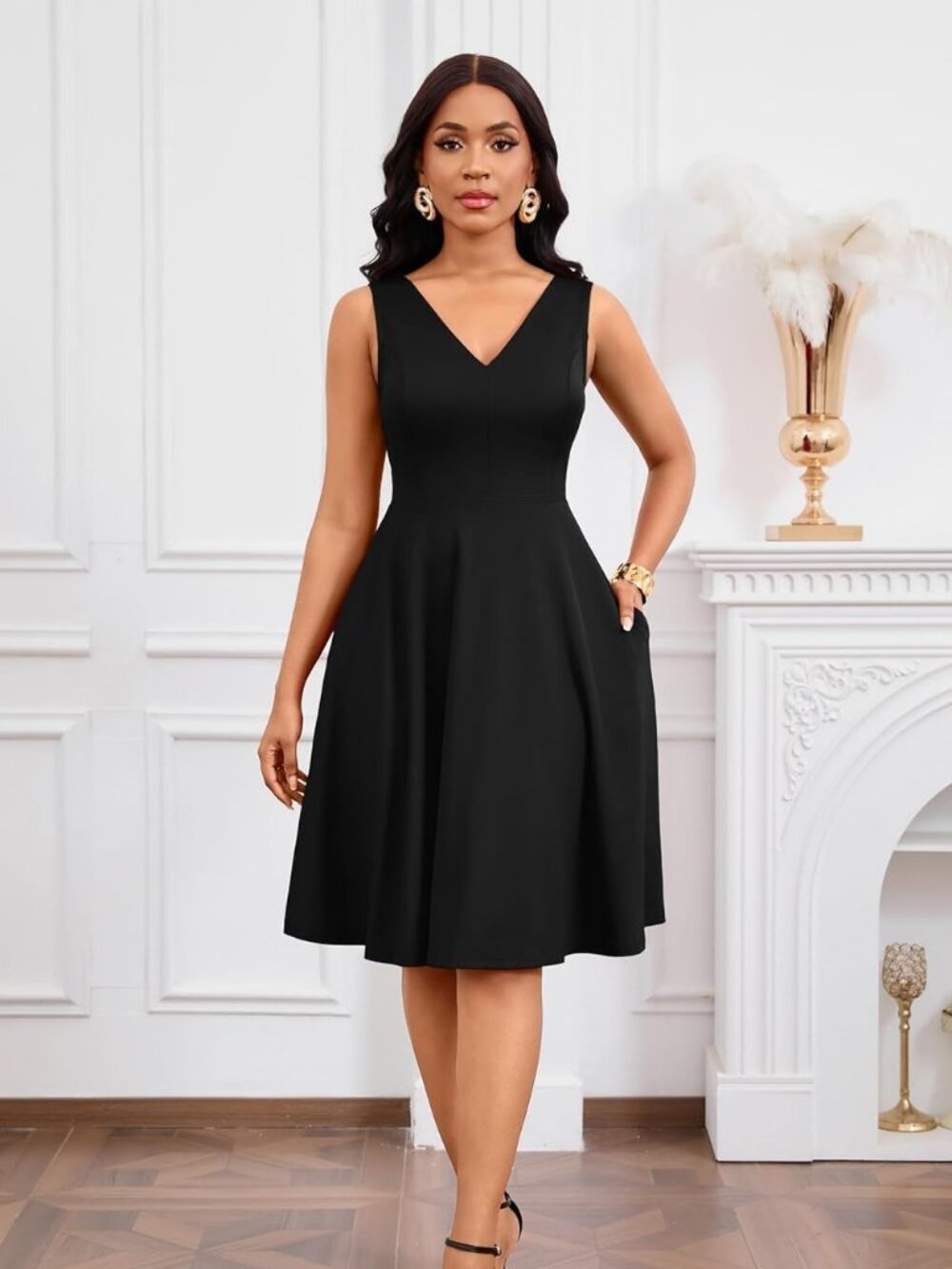 Women Flowy Casual Midi Dress Cocktail Vacation Sundresses with Pockets